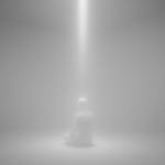 Imagem em preto e branco. Uma figura humana abstrata, pouco nítida, está sentada sob um feixe de luz vertical em uma sala branca vazia. O ambiente é silencioso e minimalista, com tons de branco predominantes.